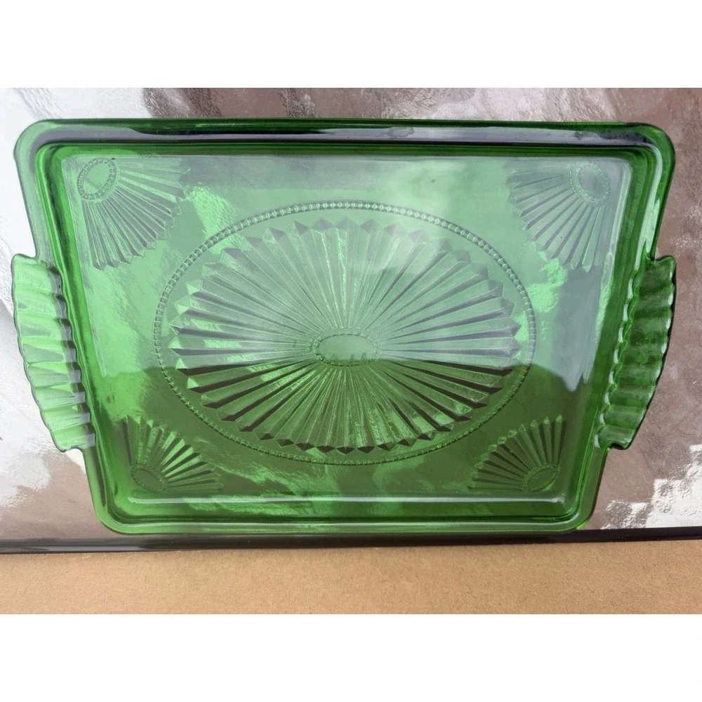 Vintage Avon Green Pressed Glass Decanter Set w/ 5 Cordials & Tray 1980s Barware